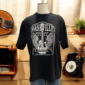 Nashville Music City Tennessee Graphic Tee Black Oversized Short Sleeve Retro